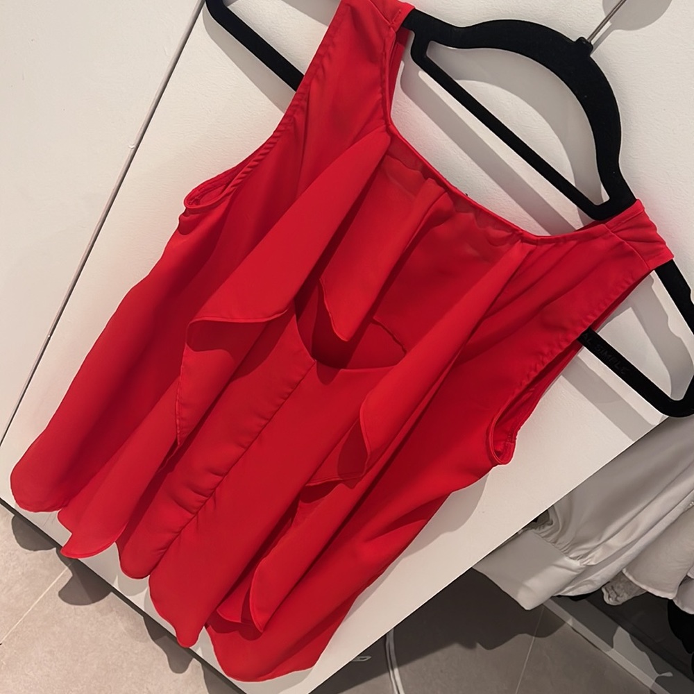 Women size Small Red sleeveless top with ruffle details on the back keyhole